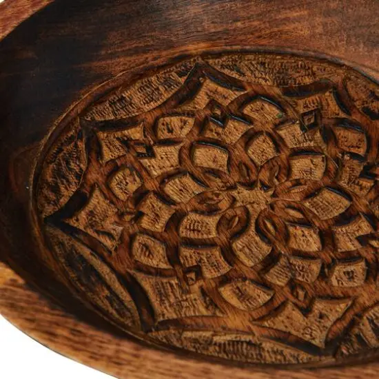 Hello Honey&reg; 11.5" Natural Boho Carved Wood Bowl with Floral Designs {3}