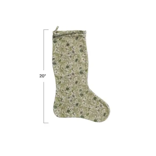 Hello Honey® 20" Green & Cream Cotton Velvet Printed Stocking with Floral Pattern {5}