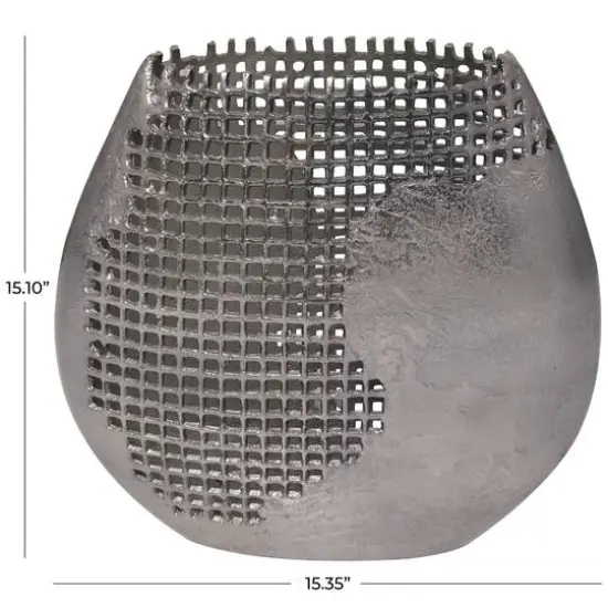 15" Dark Gray Aluminum Grid Inspired Abstract Vase with Open Frame Design {6}