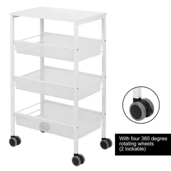 White 3-Tier Kitchen Storage Rolling Utility Cart with Wood Top {4}
