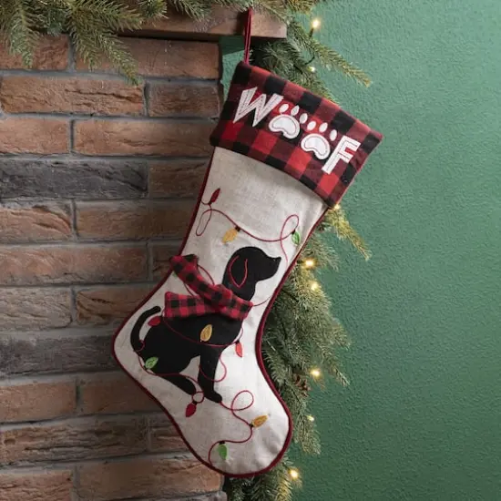 Glitzhome&reg; 21" LED Embroidered Dog Linen Christmas Stocking {3}