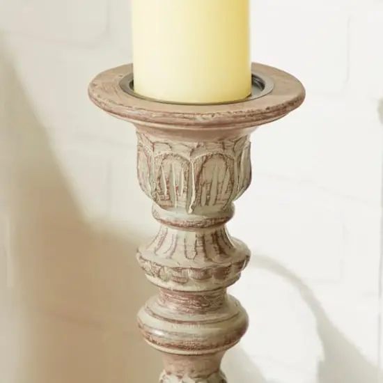 Brown Mango Wood Traditional Pillar Candle Holder Set {4}