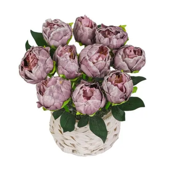 10" Peony Flower Bouquet In White Basket Purple {6}