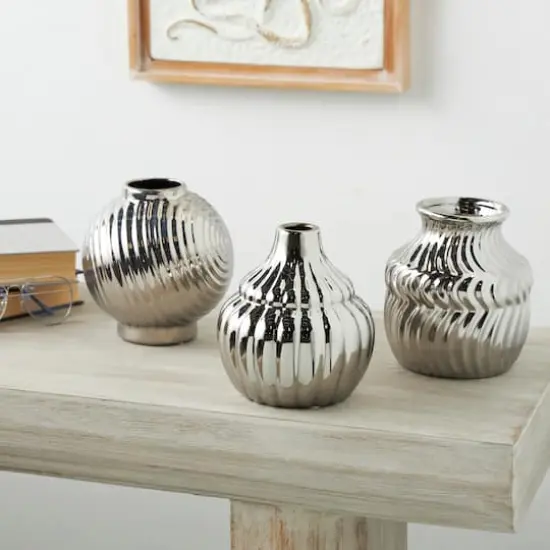 Silver Ceramic Abstract Textured Vase Set {3}