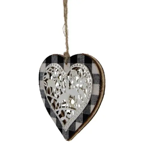 4.25" Black and White Buffalo Plaid Heart with Reindeer Christmas Ornament {7}