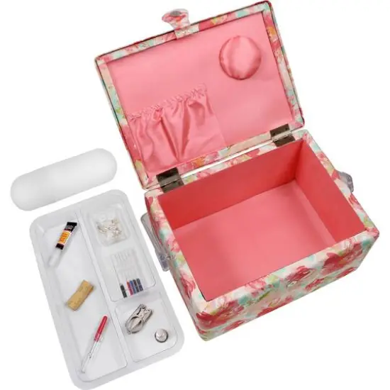SINGER&reg; Large Watercolor Floral Print Rolled Edge Sewing Basket with Matching Pouch Sew Kit {9}