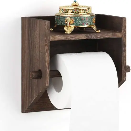 Rustic Brown Wood Toilet Paper Holder Wall Mount with Shelf {6}