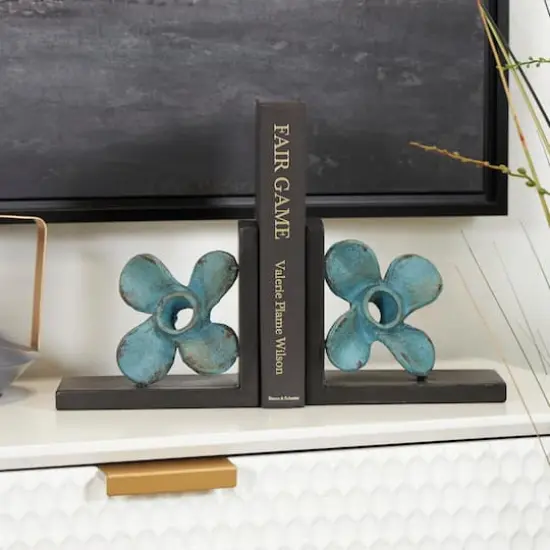 6.5" Teal Metal Boat Distressed Propeller Bookends with Brown L-Shaped Stands {3}