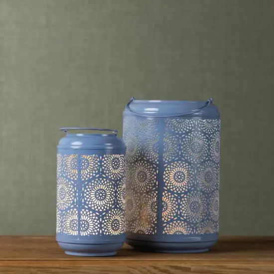 Blue Punched Metal Lantern Candle Holder Set, 11" & 13" {5}