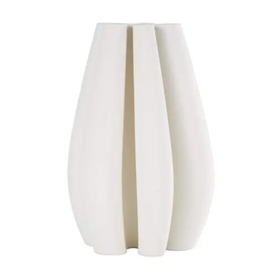 White Ceramic Abstract Ribbed Dimensional Concaved Vase with Floral Shaped Rim {3}