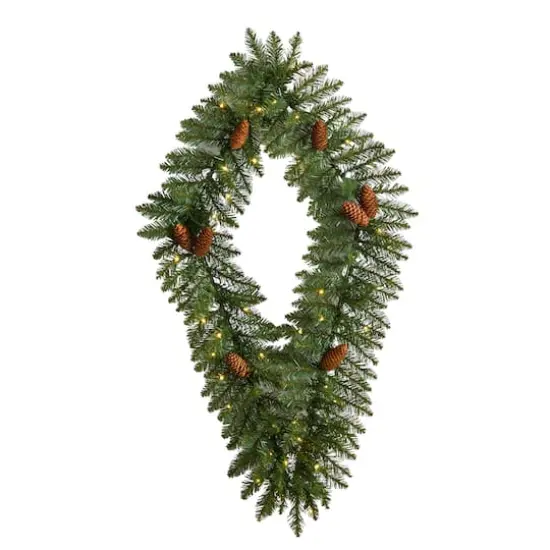 3ft. White LED Lights Holiday Geometric Christmas Diamond Wreath With Pinecones {1}