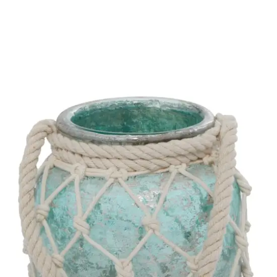 Aquamarine Glass Coastal Candle Holder Lantern, 15" x 7" x 7" {4}