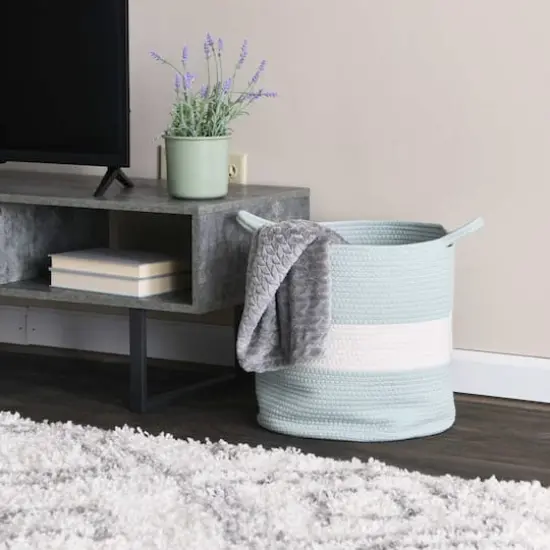 Household Essentials 15" Sky Blue & White Broadband Cotton Rope Basket {3}