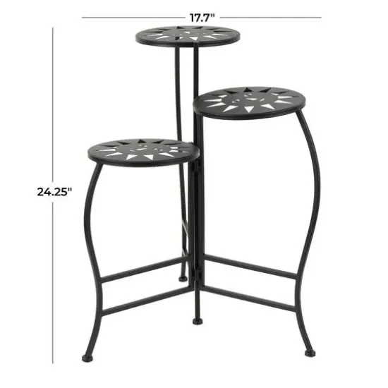24" Black Metal Folding 3-Tier Plant Stand with Sun Face Cutouts {6}