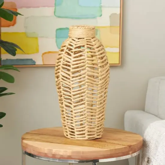 18" Brown Jute Chevron Woven Vase {9}