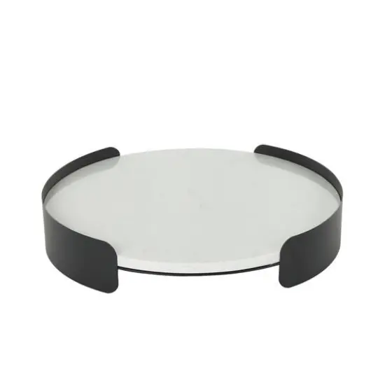 15.75" White Marble Round Living Room D&eacute;cor Tray with Black Metal Frame {4}