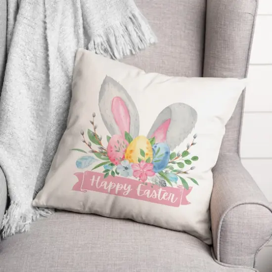 Happy Easter Banner 18" x 18" Throw Pillow {3}