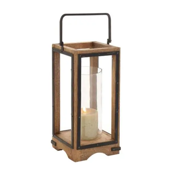 Natural Brown Mango Wood Traditional Candle Holder Lantern, 22" x 8" x 8" {1}