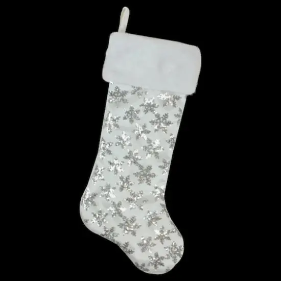 20.5" Sequin Snowflake Stocking With White Faux Fur Cuff, White & Silver {7}