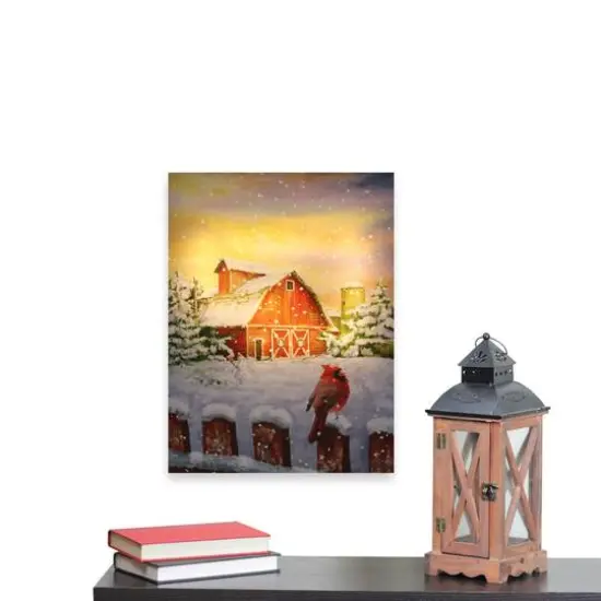 LED Back Lit Snowy Sunset Barn Scene Christmas Wall Art {5}