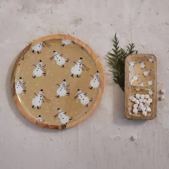 Hello Honey&reg; 11.7" Round Snowman Enameled Mango Wood Tray {3}