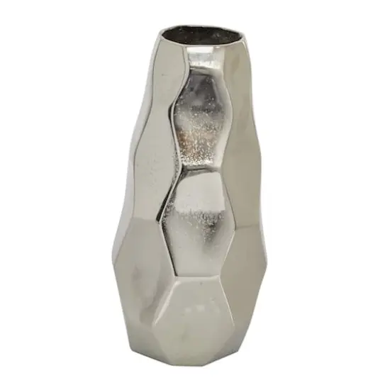 Contemporary Geometric-Style Metallic Silver Aluminum Vase, 12" x 5.7" x 5.4" {3}