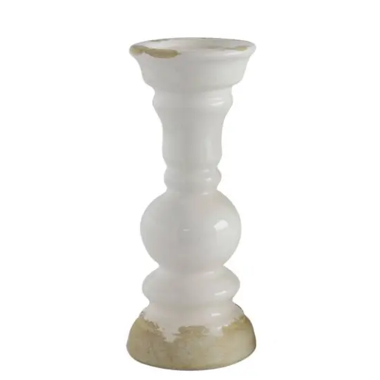 Hello Honey&reg; 12'' Distressed White Stoneware Pillar Candle Holder {1}