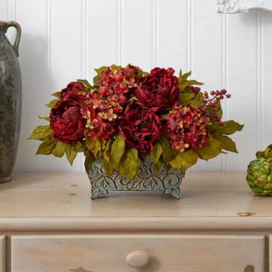 18" Red Peony & Hydrangea Arrangement in Decorative Planter {5}