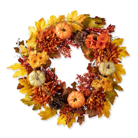 Glitzhome&reg; 24" Fall Dahlia, Pumpkin, Leaf & Berry Wreath {1}