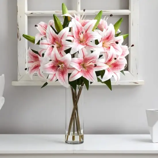 25" Artificial Pink Lily Arrangement with Cylinder Glass Vase {4}