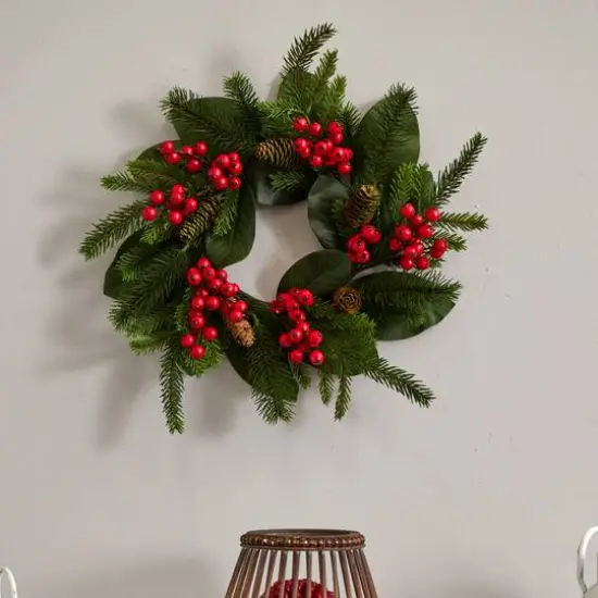 19" Magnolia Leaf, Berry & Pine Artificial Wreath {4}