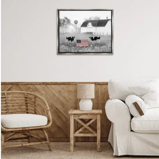 Stupell Industries Americana Barn Country Cows Flag Floater Framed Art Gray {3}
