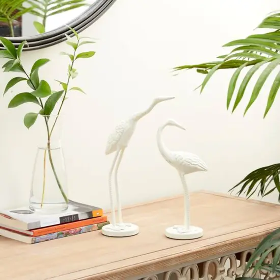 Set of 2 White Metal Coastal Bird Sculpture, 10", 12" {9}