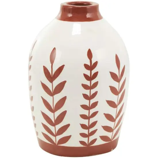 White Ceramic Floral Vase with Terracotta Colored Detailing Set {5}