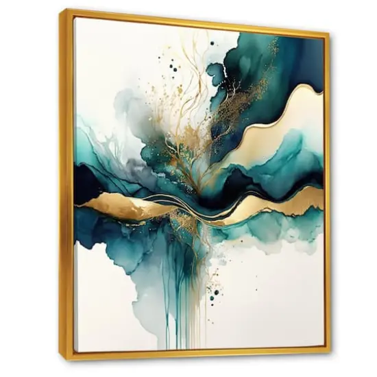 Designart 'Teal And Gold Abstract Expression III' Modern Framed Canvas Wall Art Thin Gold {3}