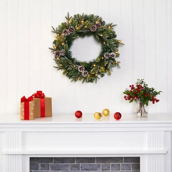 24" Pre-Lit Snowed Pinecone Artificial Christmas Wreath {4}