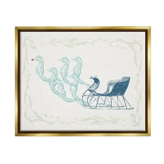 Stupell Industries Seahorse Santa Sled Nautical Christmas Framed Floater Canvas Wall Art Gold {1}