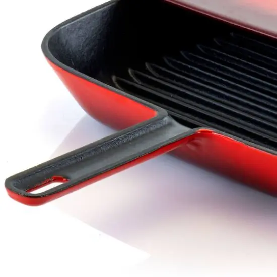 MegaChef 11" Square Red Enamel Cast Iron Grill Pan with Matching Grill Press {5}