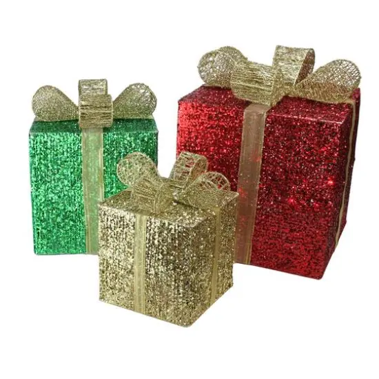 Red Pre-Lit Glittering Christmas Gift Box Set {3}