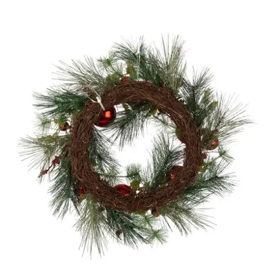 Glitzhome&reg; 24" Pre-Lit Berry, Holly, Pinecone & Red Ornament LED Wreath {7}