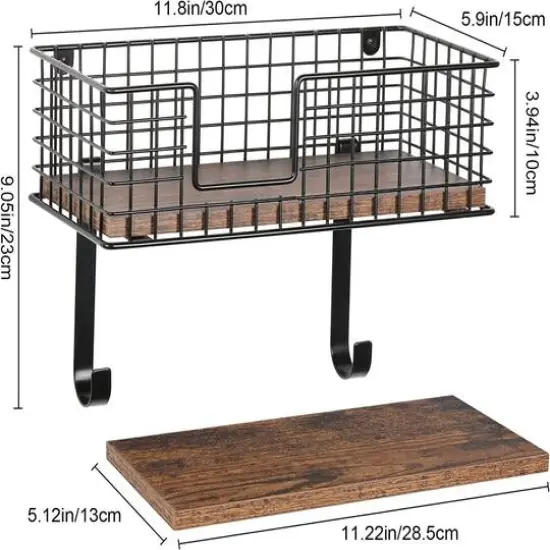 NEX&trade; Wall Mounted Ironing Board Hanger for T-Leg with Storage Basket Rustic Brown {4}