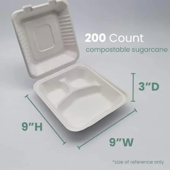 9" White Single-Compartment Hinged Compostable Take Out Containers, 200ct. {5}