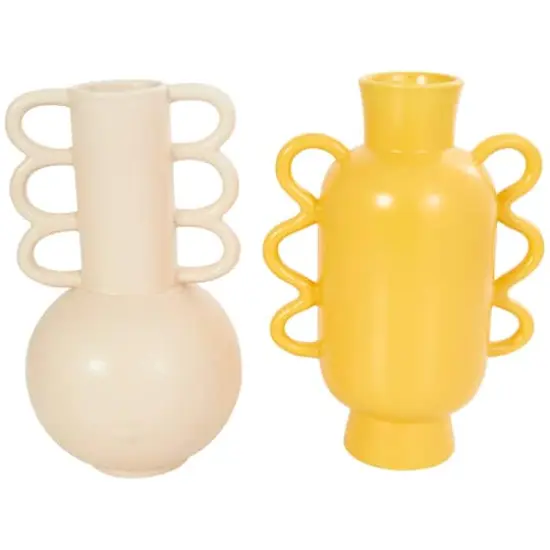 CosmoLiving by Cosmopolitan Geometric Wavy Handles Ceramic Vase Set Cream/Yellow {1}