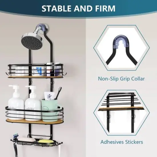 NEX&trade; Black Stainless Steel & Bamboo Hanging Caddy Shower Organizer with Hooks {4}