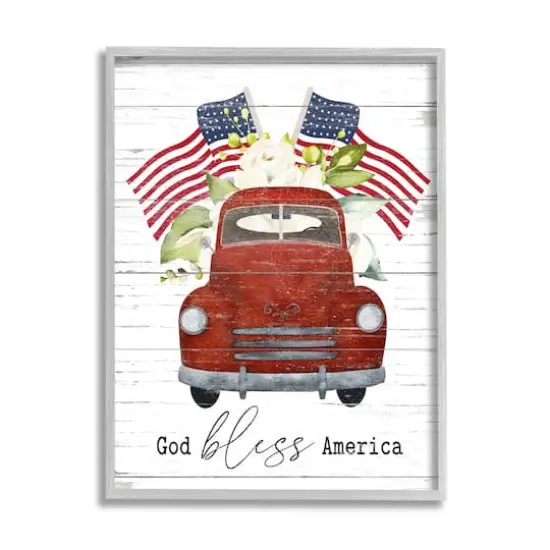Stupell Industries God Bless America Red Truck Wall Art in Gray Frame {1}