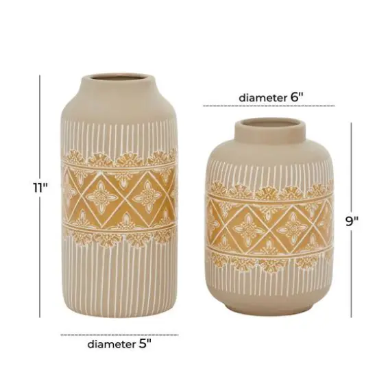 Set of 2 Beige Ceramic Boho Style Vase 9", 11" {7}