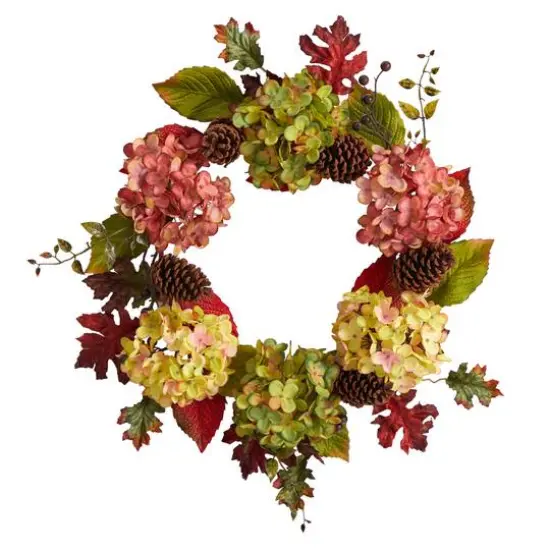 25" Hydrangea & Pinecones Fall Artificial Wreath {1}
