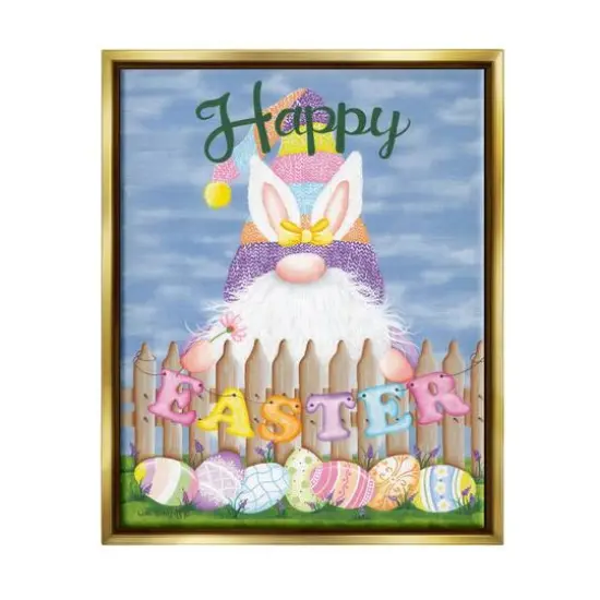 Stupell Industries Happy Easter Garden Gnome Eggs Floater Framed Art Gold {1}