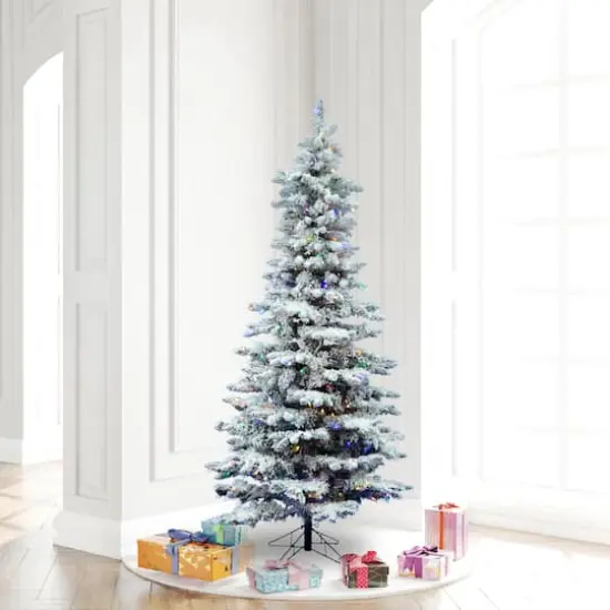 6.5ft. Pre-Lit Slim Flocked Utica Fir Artificial Christmas Tree, Multicolor Dura-Lit&reg; LED Lights {3}