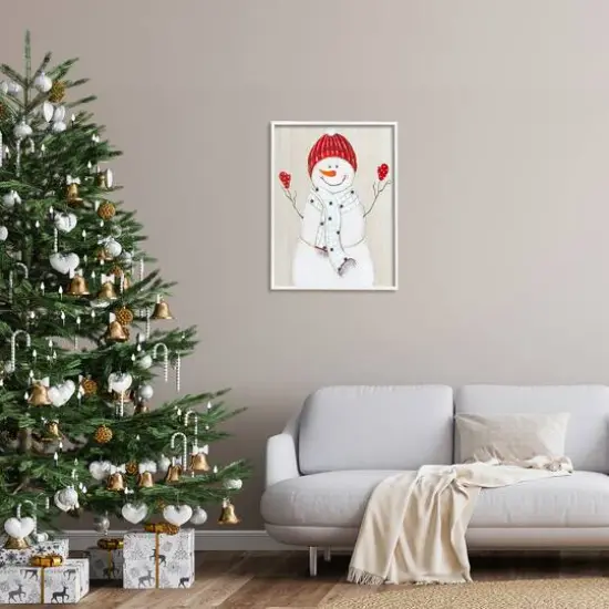 Stupell Industries Seasonal Snowman Smiling Red Hat Framed Giclee Art White {3}